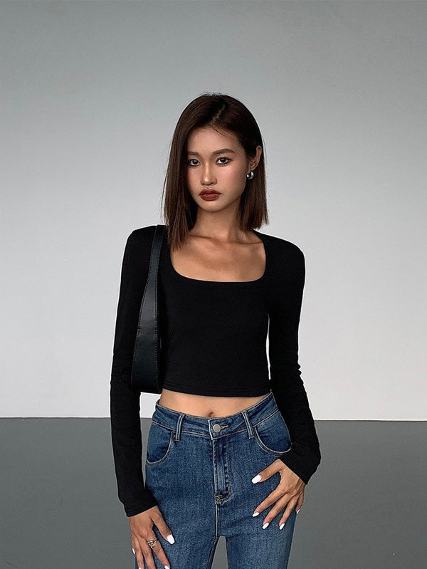 Square Collar Slim Fit Long T-shirt