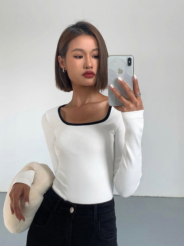 Contrast Square Collar Knit T-shirt