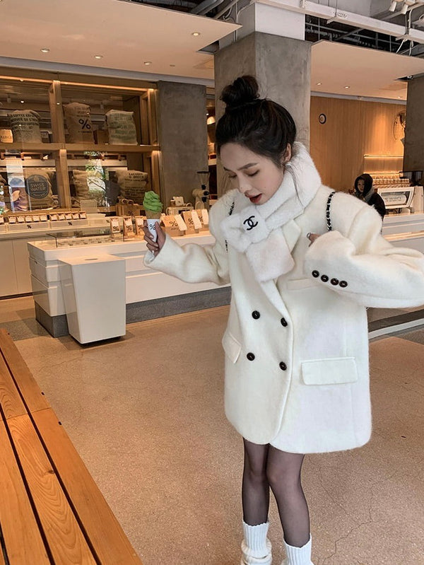 White Woolen Double-breasted Jacket