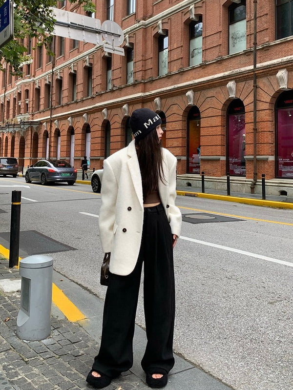 White Woolen Double-breasted Jacket
