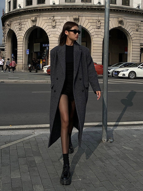 Gray High-grade Long Woolen Coat