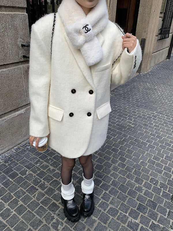 White Woolen Double-breasted Jacket