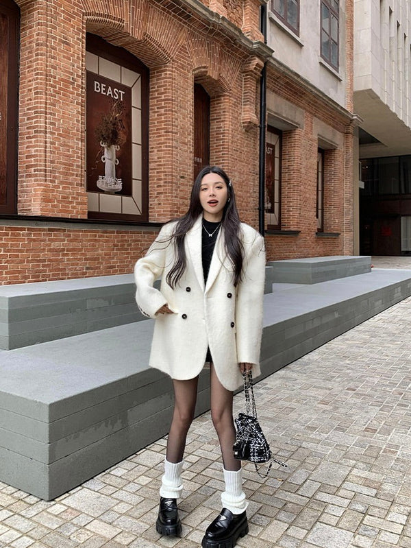 White Woolen Double-breasted Jacket