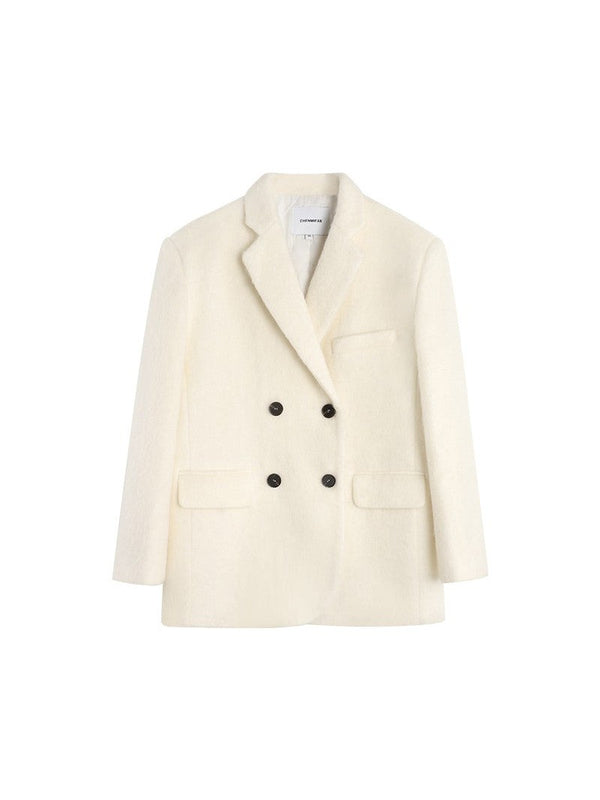 White Woolen Double-breasted Jacket