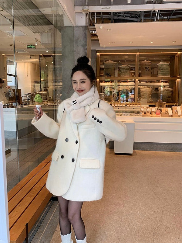 White Woolen Double-breasted Jacket