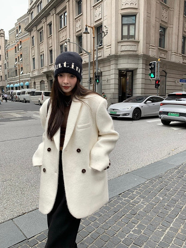White Woolen Double-breasted Jacket