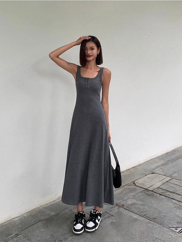 Square Neck Open Button Dress