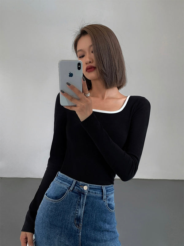 Contrast Square Collar Knit T-shirt