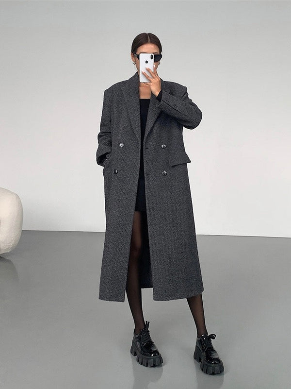 Gray High-grade Long Woolen Coat