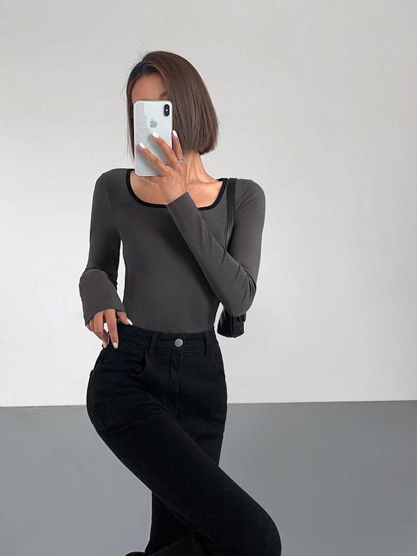 Contrast Square Collar Knit T-shirt
