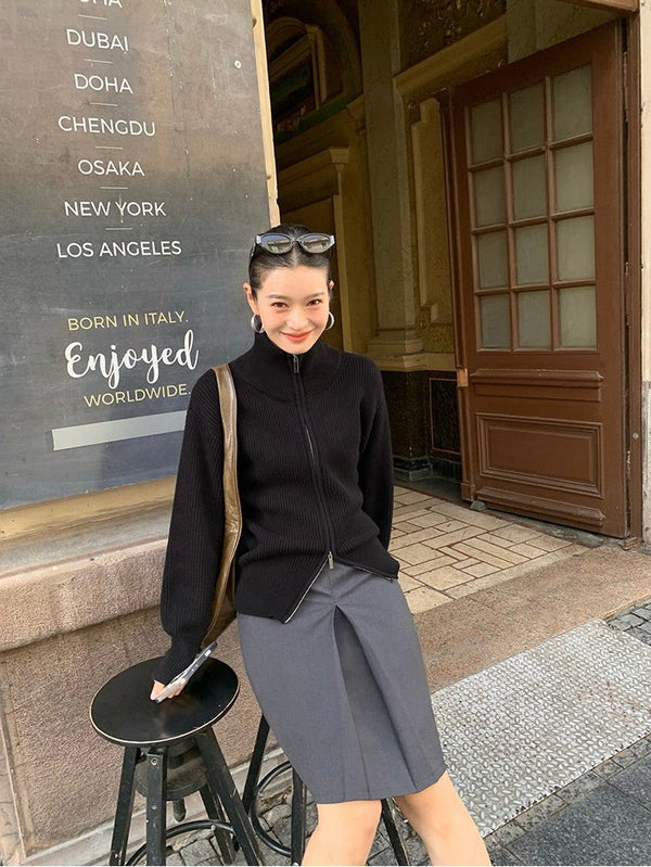 Double Zipper Lapel Sweater