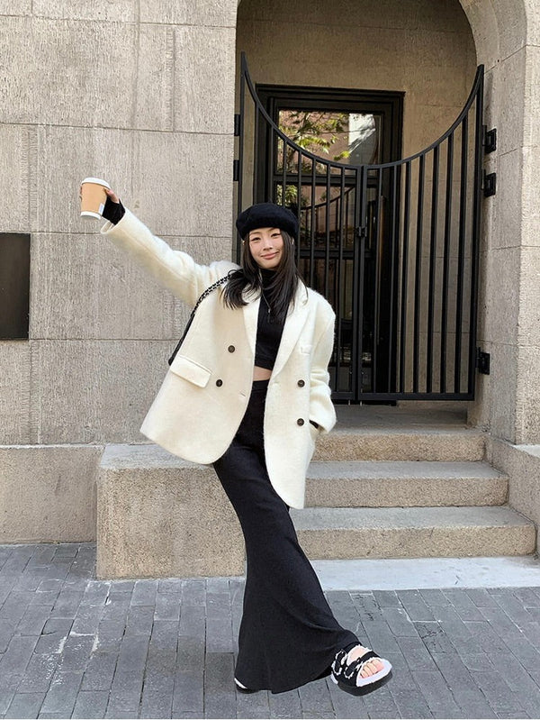 White Woolen Double-breasted Jacket