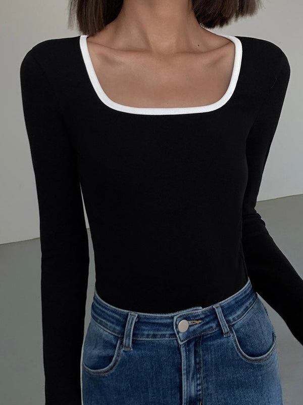 Contrast Square Collar Knit T-shirt