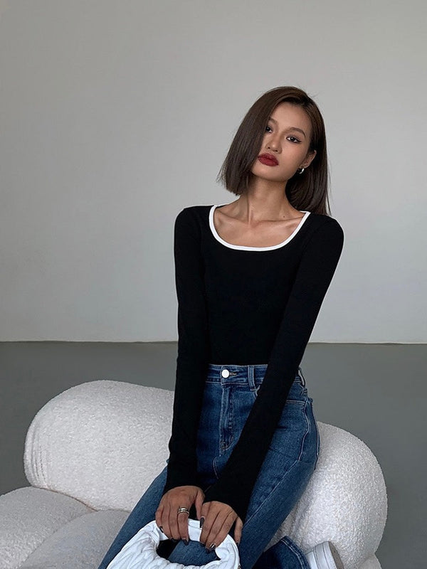 Contrast Square Collar Knit T-shirt