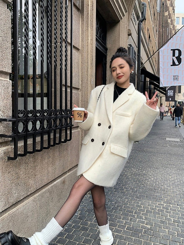 White Woolen Double-breasted Jacket