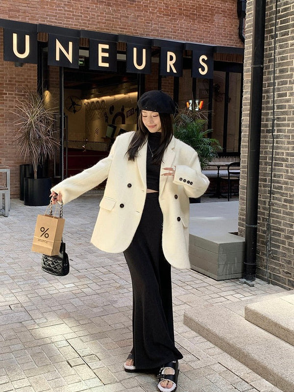 White Woolen Double-breasted Jacket