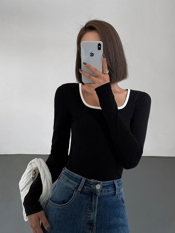 Contrast Square Collar Knit T-shirt
