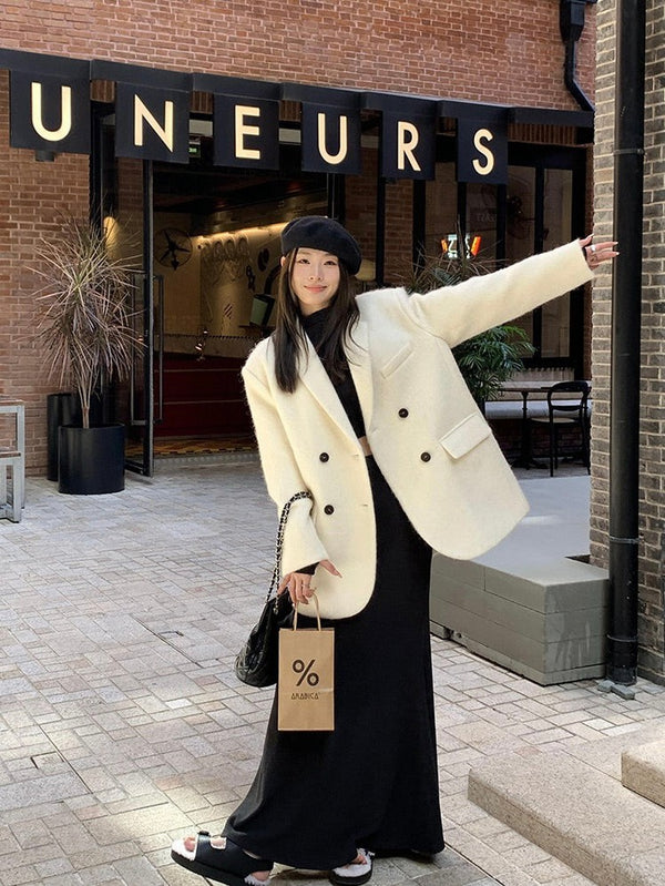 White Woolen Double-breasted Jacket