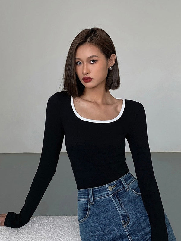 Contrast Square Collar Knit T-shirt