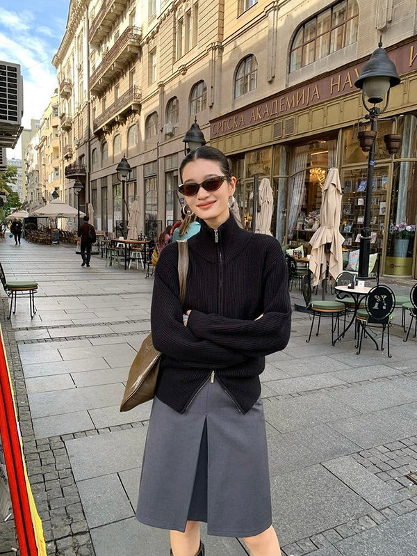 Double Zipper Lapel Sweater