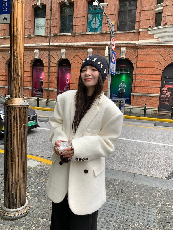 White Woolen Double-breasted Jacket