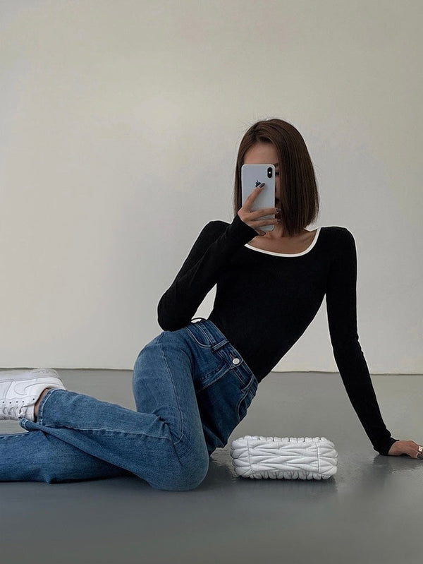 Contrast Square Collar Knit T-shirt