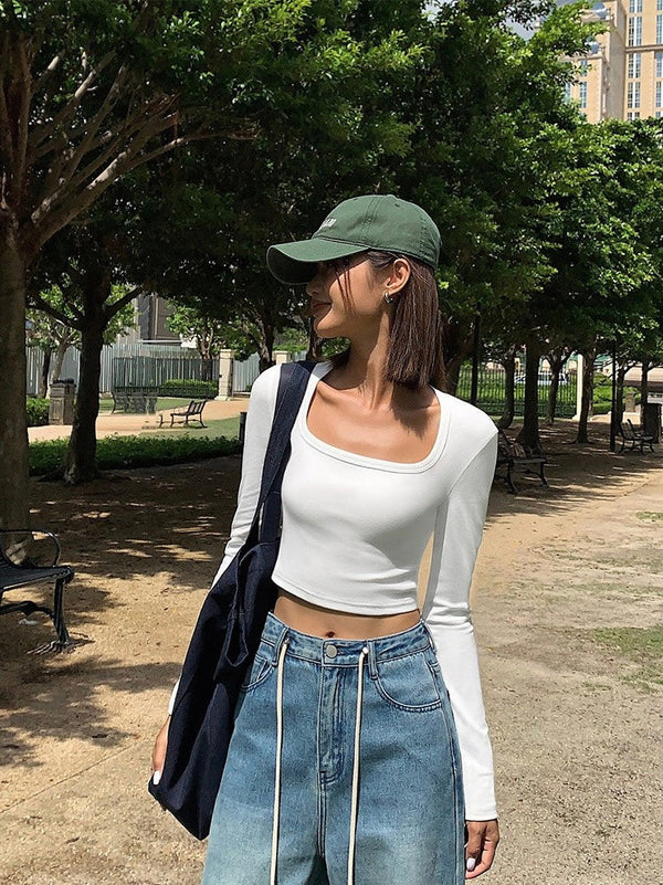 Square Collar Slim Fit Long T-shirt