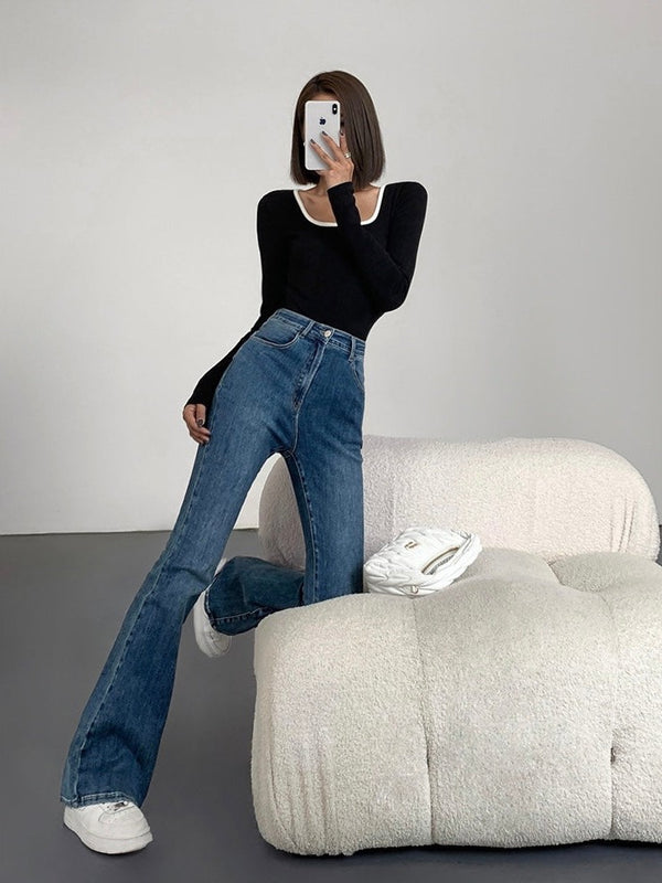 Contrast Square Collar Knit T-shirt