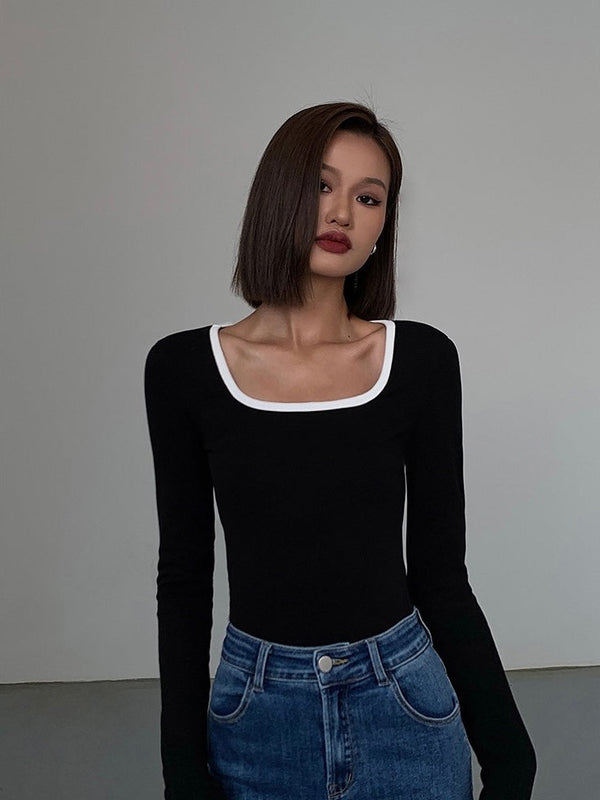 Contrast Square Collar Knit T-shirt
