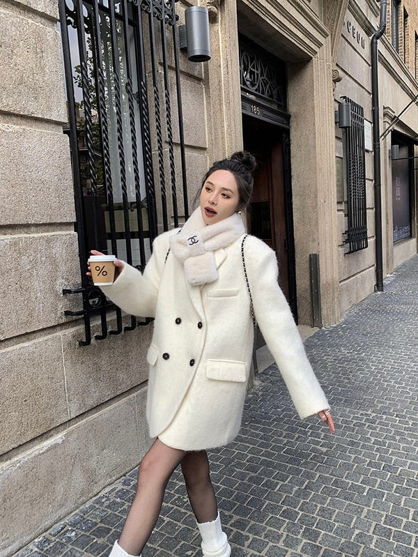 White Woolen Double-breasted Jacket
