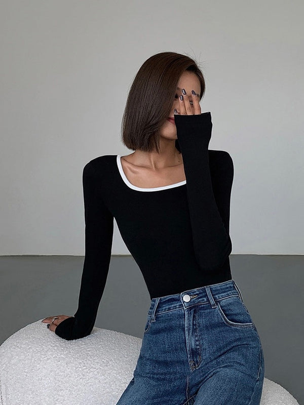 Contrast Square Collar Knit T-shirt