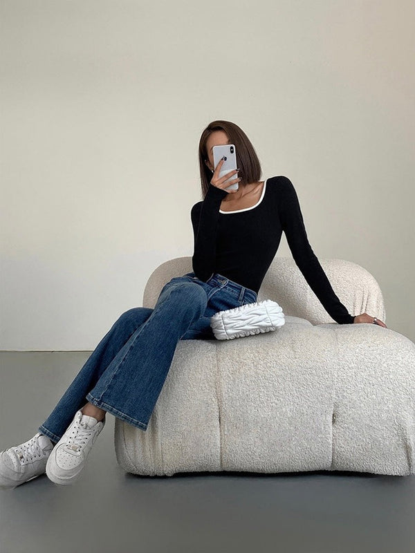 Contrast Square Collar Knit T-shirt